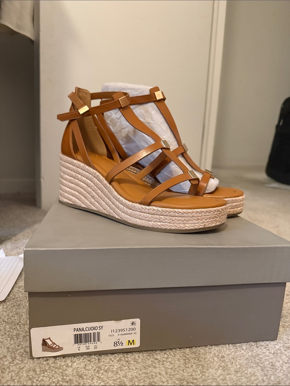 Franco Sarto Tan Leather Espadrille Wedge Sandals
